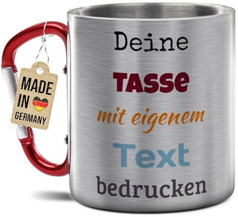 Tassendruck Personalisierte Karabiner Edelstahlbecher mit Name oder Spruch selbst gestalten - Geschenk für Camper, Geburtstagsgeschenk für Wanderer - Edelstahltasse mit Karabinerhenkel rot, 280 ml