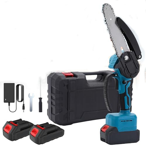 1300mah*5 Mini Tronçonneuse à Batterie,6 Pouces Tronçonneuse Électrique sans Fil,Petite Tronconneuses Thermique Coupe Branche Electrique Scie Electrique Sans Fil Pour Jardin (2 Batteries)