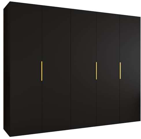 MEBLE KRYSPOL - Kleiderschrank - Drehtürenschrank - Schrank 250x202x52cm - Moderner Garderobenschrank Schlafzimmer, Flur, Jugendzimmer - Farbe Schwarz, Griff Gold - Marbella 1 250