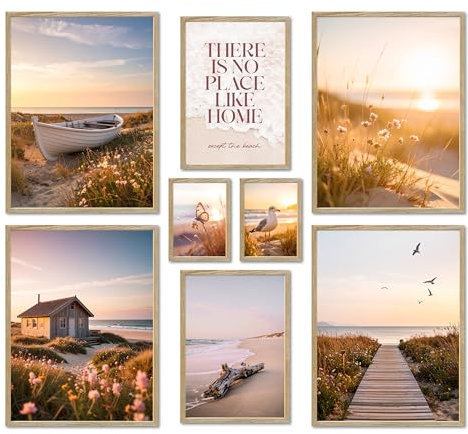 ARTFAVES® Poster Set - Vintage Sea Summer - mehrteilige Wanddeko Wohnzimmer & Schlafzimmer - 8 moderne Wandbilder sommer, frühling, sonnenuntergang, natur, meer, strand, vintage - mit Rahmen Eiche
