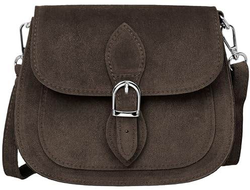 Caspar Leder Umhängetasche Dirndltasche Vintage Tasche kleine Trachtentasche Damen Handtasche aus Wildleder - CLASSIC LINE - Modell No.831 - Made in Italy, Farbe:dunkelbraun