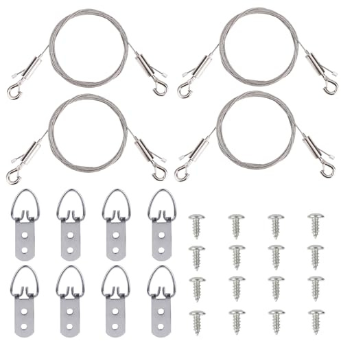 Kit Fil D'accrochage Réglable pour Tableaux, Capacité 23kg Kit D'accrochage Robust Incluant 4 Fils Réglables 8 Anneaux en D & 16 Vis pour Exposer des Miroirs Encadrés Toiles et Œuvres