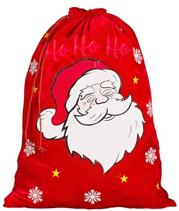 Idena 31876 - Stoffbeutel ca. 50 x 70 cm, Säckchen in Rot mit Weihnachtsmann-Motiv, Weihnachtssack aus Samt mit roter Kordel