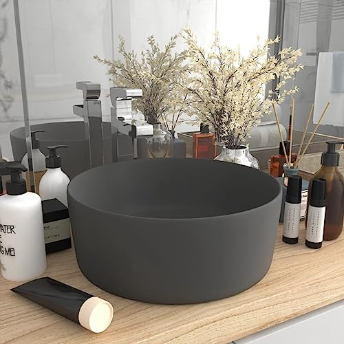 Mokuyard Lavabo de Lujo Redondo cerámica Gris Oscuro Mate 40x15 cm Lavabo sobre encimera pequeño para Sanitario Baño o Aseo, Moderno Pila Común