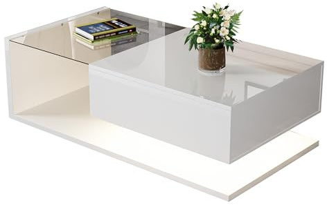 HaoChrymec Table Basse, Blanc Laqué, Table d'Appoint avec Verre et Effet LED, 105 x 55 x 32.5 cm, Table Design Moderne pour Salon, Espace de Vie