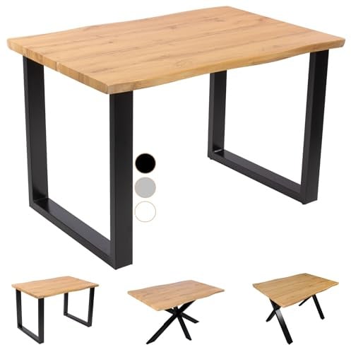 SAM Esstisch Dua 140x80 cm Holz-Optik Wildeiche U-Gestell schwarz | 40 mm Tischplatte geteilt mit Baumkante, Metallgestell, Tisch für Esszimmer & Küche