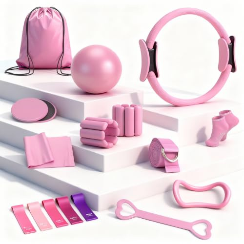 Fantspati Kit Pilates 14PCS Rose – Kit Pilates Maison avec Anneau, Ballon, Chaussettes Femme, Poids Ajustables, Bandes de Résistance – Équipement de Musculation – Set Entraînement Complet