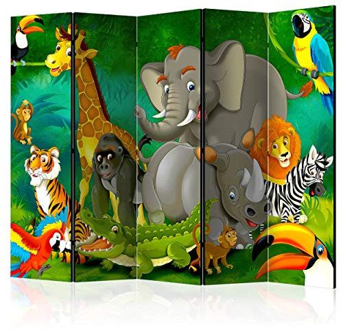 decomonkey Paravent Raumteiler Innen Tiere 225x172 cm 5 Teilig Einseitig Room Divider Wall Raumteiler Stehend Trennwand Sichtschutz Spanische Wand Sichtschutzwand Wohnzimmer Holz Afrika Elefant Fabel