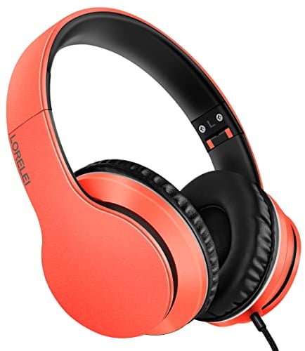 LORELEI X6 Over-Ear Headphones with Microphone, Lightweight Foldable & Portable Stereo Bass Headphones with 1.45M No-Tangle,Wired Headphones for Smartphone Tablet MP3 / 4 (Vitality Orange)
