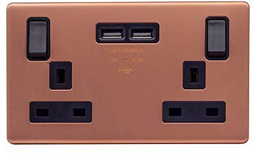 Lieber Brushed Copper 13A amp 2 Gang Switched DP Screwless Double Plug Socket with USB 2 x USB Outlet (4.8A) with Black Inserts