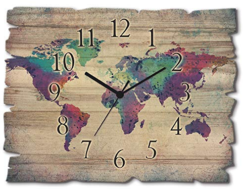ARTLAND Wanddeko Wanduhr ohne Tickgeräusche aus Holz Funk Uhr lautlos 40x30 cm Rechteckig Weltkarte Landkarte Kunst Modern U1TJ