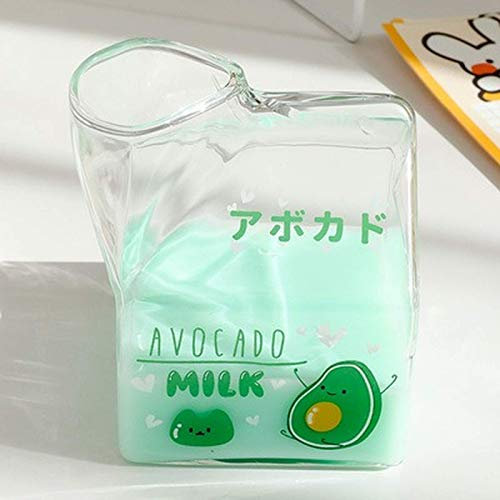 WANZSC Tasse à lait carrée Kawaii en verre de 380 ml - Fraise mignonne - Tasse à petit déjeuner créative pour la maison, portable et étudiant - Tasses à lait transparentes (D)