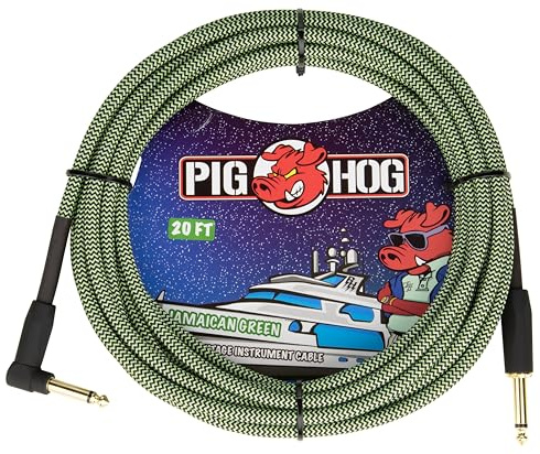 Pig Hog Vintage Serie Instrumentenkabel, Jamaican Green, 6m/20ft, 6.35 (1/4”) auf 6.35 (1/4”), Hochwertige Qualität, Gewebt, Winkelstecker