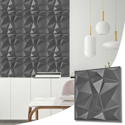NOVECRAFTO Geometric Effect 3D Wall Panels Pack of 20 Sheets 53.82 sq ft (5 sqm), Decorative Cladding Panel Size 19.7x19.7 (50x50cm) PVC Panel in Silver with Diamond Geometric Pattern