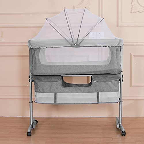 HUOLE Babywiege, Beistellbett Babyfaltbar, tragbar, für Reisen, mit Moskitonetz, 3-in-1, höhenverstellbar + mit Matratze und Moskitonetz-92 * 58 * 70-90cm (dunkelgrau)