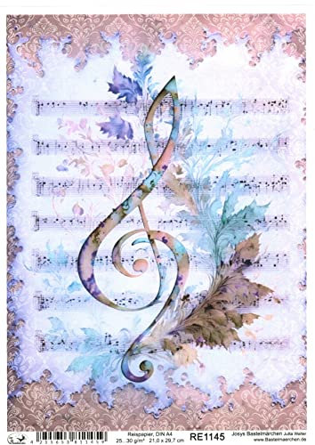 Josys Bastelmärchen Reispapier A4 Strohseide Decoupage Noten Notenschlüssel Vintage Musik RE1145
