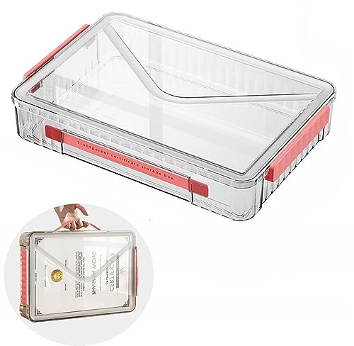 Marte Vanci A4 Storage Box with Lid Plastic Storage Boxes Clear Portable Project Case with Handle Transparent Craft Paper Organiser for Letter Magazines Photo Scrapbook Board Game Crafts Red