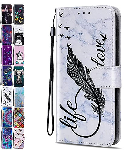 Lederhülle für Samsung Galaxy A10 / M10 Hülle Muster Marmor Feder Handyhülle Flip Case Cover Schutzhülle mit Kartenfach Handytasche für Mädchen Damen
