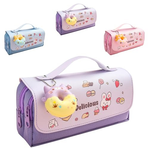 Lila Federmäppchen mit 3 Fächern, Mäppchen Mädchen mit Niedlicher Anhänger, Bleistiftbox, Federmappe, Federtaschen, Schreibwarenbeutel, Schule Teenager Geschenk, Schule Große Kapazität Pencil Case