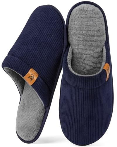 VeraCosy Herren Kord Scuff Hausschuhe Weich Bequem Memory-Schaum Rutschfest Innen Pantoffeln Dunkles Marineblau, 42/43 EU