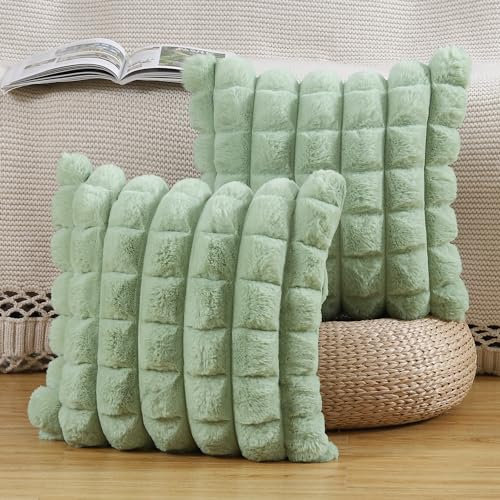 Madizz 2er Set Kunstpelz Plüsch Dekorative Kissenbezüge Gestreifte Weich Dekorative Kissenbezug für Sofa Schlafzimmer Kissen Shell Grün 45 x 45 cm