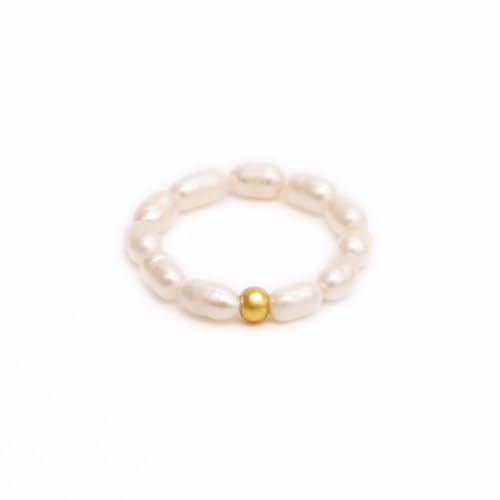 BERGERLIN Reis Perlen Ring echt mit Goldperle - Perlenring für Damen und Herren - Größe M