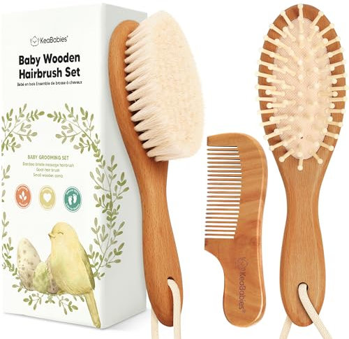 Baby Haarbürste & Baby Kamm Set - Baby Bürste mit weichen Ziegenborsten, Holz Babyhaarbürsten und Babykamm Set, Babybürste Neugeborene, Kleinkind, Säuglings Haarbürste, Wiegenkappe (Oval, Golden Oak)