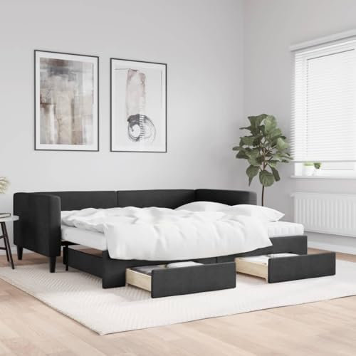 Tino Tech Schlafsofa Betten Schlafzimmer Bett Bed Frame Einzelbett Bett Gestell Tagesbett Ausziehbar mit Schubladen Schwarz 90x200 cm Stoff