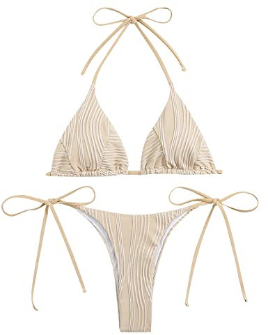 WEOPLKIN Bikini Damen Sexy Brazilian Bikini Damen Set Triangel String Oberteil Bikini Tanga Bademode Riemchen-Bikini Bademode Swimsuit Zweiteiliger Badeanzug sexy Tankini Beige M