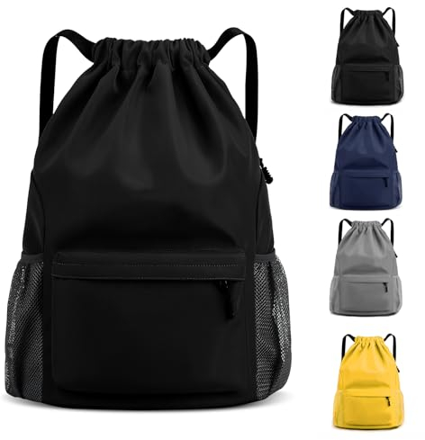 MEYDLL Turnbeutel Rucksäcke mit Kordelzug Große Kapazität Sportbeutel Drawstring Rucksack mit Schuhfach Wasserabweisend String Tasche Gym Bag mit Zwei Seitentaschen für Damen und Herren (Schwarz)