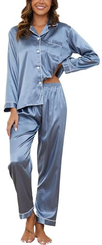 Reliwel Pyjama pour femme en satin à manches longues Ensemble pyjama avec boutonnière Col en V Vêtements de nuit deux pièces Pyjama doux Classique Loungewear Combinaison de maison Pjs, Bleu gris, L