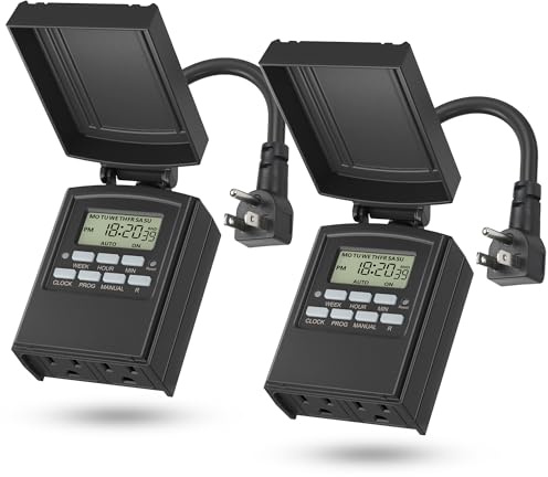 BN-LINK 7 Tage programmierbarer digitaler Timer für den Außenbereich, wasserdicht, 2 elektrische Steckdosen mit Erdung, für Weihnachtsbeleuchtung, 15 A, 1/2 PS, ETL-zertifiziert