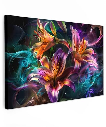MuchoWow© Bilder 90x60 cm Wohnzimmer Deko Modern Wandbild Kunstdruck auf Leinwand Bild Schlafzimmer über Bett Room Decor Geschenke Bunt - Blumen - Farbenfroh - Schwarz - Kunst