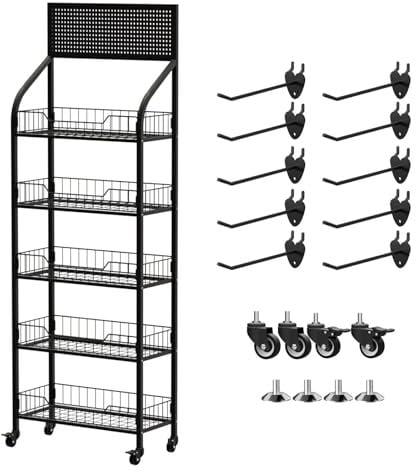 Kleinsüßigkeits-Ausstellungsstand, 5-stöckiges Snackregal aus schwarzem Metall mit Rädern, 170 cm großes Brotregal mit 10 Haken, robustes und abnehmbares Chipsregal für Geschäfte, Küchen, Büros