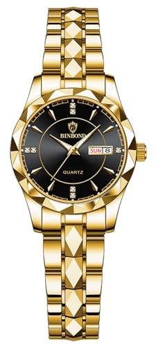 JewelryWe Damenuhr Edelstahl Uhren Damen: 30m Wasserdicht Kalender Analog Quarz Armbanduhr Frauen Gold Edelstahl Armband Lässig Business Uhr mit Schwarz Zifferblatt und Gold Leuchtzeiger