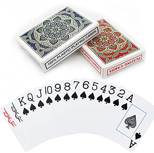 Aomaic 2 Stück Pokerkarten Plastik Kartenspiel wasserdichte Spielkarten Spielkarten Plastik Jumbo Pokerkarten Kunststoff Spielkarten für Erwachsene Senioren Familien Kartenspiele Party (Rot/Blau)