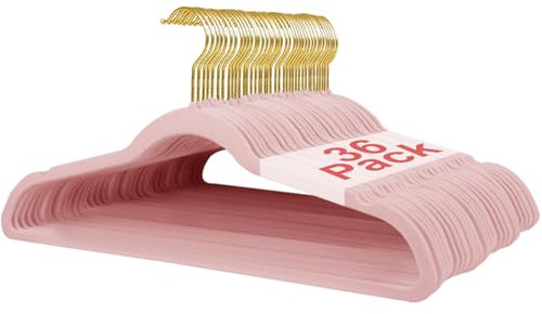 Wellong Kleiderbügel Samt, 45 cm rutschfeste Filz Bügel, Stabile Anzugbügel mit Schulterkerben, Platzsparende Kleiderbügel für Mäntel, Hosen, Silbe, 36 Stück – Rosa mit Goldene Haken