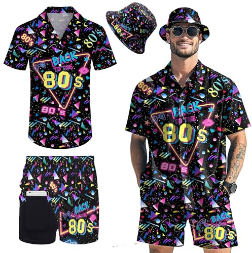 POKM 2-teilige Rave Outfits für Herren 80er 90er Jahre Hawaiian Shirt mit Eimerhut