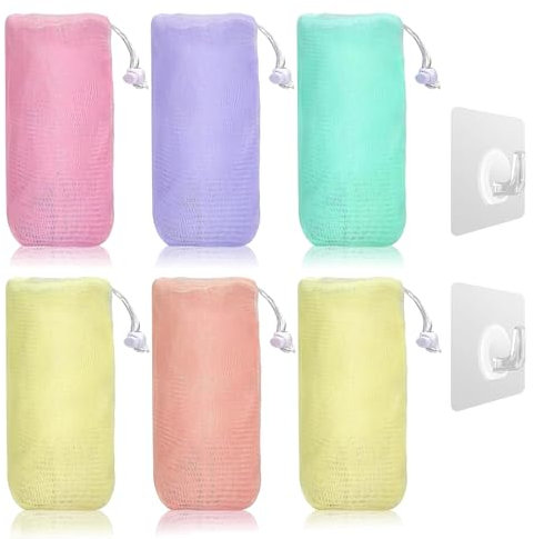 6 Pcs Soap Bag, Soap Saver, Easy to Use Soap Bag for Shower with 2 Sticky Hooks Soap Bags for Body Facial Cleaning Tool Foaming Drying Soaps