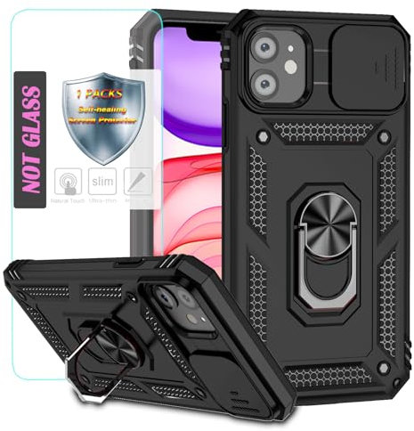 YmhxcY Handyhülle Für iPhone 11 Hülle,[mit 1 Stück Schutzfolie],360°Drehen Metallständer，Stoßfester Schutz Hartschale，Mit Kameraschutz，for iPhone 11 case-Schwarz