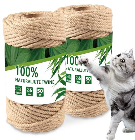 Zosenyer Cuerda Rascador para Gatos de 50m, La Cuerda de Yute es de 6mm, La Cuerda Natural de Cáñamo de Espada es Muy Adecuada para Hacer Poste Rascador para Gatos, Bricolaje de Jardín