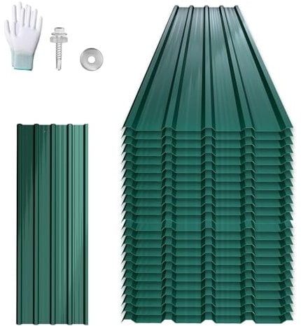UISEBRT 12 placas de techo onduladas de acero galvanizado, 129,5 x 45 cm, chapa trapezoidal, 7 m², galvanizada, resistente a la intemperie, para garaje, cobertizo de jardín, color verde con estructura