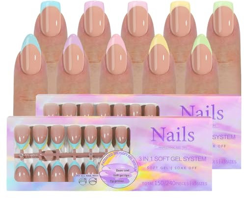 Joyeee Lot de 300 faux ongles à presser pour French nails, 5 couleurs, 2 formes d'ongles, 15 tailles, gel doux, couverture complète, amande, pour filles et femmes