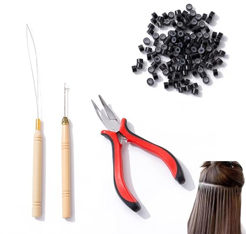 3 Pcs Professional Nano Beads Hair Extensions Kit - Includes 1 Extension Pliers, 2 Hair Pull Through Tools and 100 Silicone Nano Beads