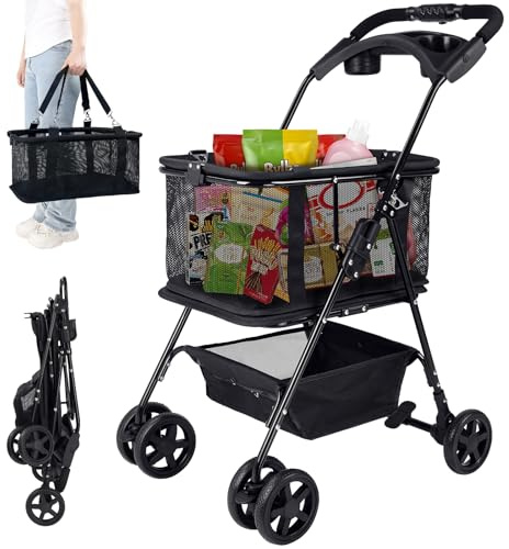 Einkaufstrolley Klappbar mit 52 L Kapazität, bis 25 kg, Schwarz Netz | Tragbar, Tasche Abnehmbar, Stabiler Aluminiumrahmen, für Senioren, Camping, Reisen und Alltag