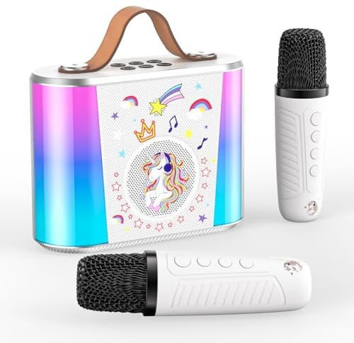 Karaoke Enfant pour Les Enfants de 3 à 15 Ans (Blanc) | Mini Karaoké avec 2 Microphones, Effets de Distorsion Vocale et Lumières LED, Jouet Idéal pour Les Filles de 3 à 12 Ans