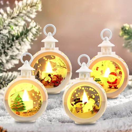 4 Stück Weihnachtslaterne, Weihnachtsdeko Laterne mit kreativem Muster, Weihnachten Deko Beleuchtete Windlicht Weihnachten mit Warmweißes LED Licht für Halloween Ramadan Weihnachten(Weiß)