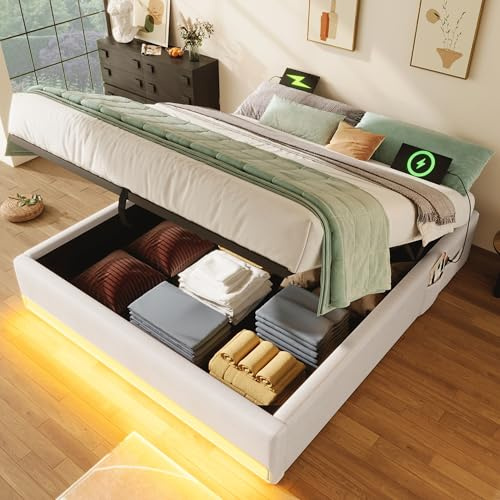 Hydraulische Polsterbett Kein Kopfteil Einzelbett mit LED-Leiste USB und Typ-C Stauraumbett Bettkasten für Erwachsene Jugendliche Gästebett Ohne Matratze Beige 140x200 cm