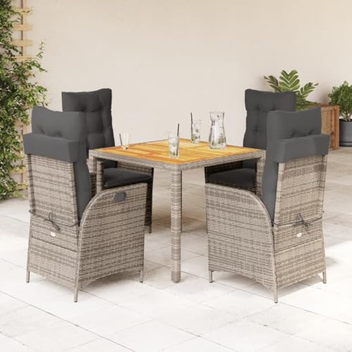 Ziaphsol 5-TLG. Garten-Essgruppe, Grau Poly Rattan, Akazienholz-Tisch, verstellbare Stühle mit Kissen, UV-beständig, für Terrasse, Balkon, Essbereich im Freien