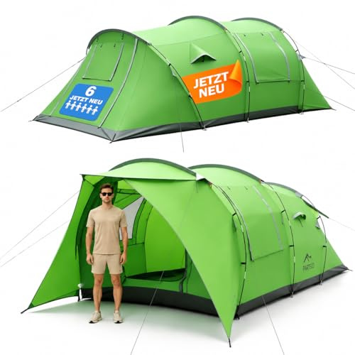 Zelt 6-7 Personen, 4000 mm Wassersäule & eingenähte Bodenwanne, Stehhöhe, Eingang mit Fliegengitter, Sonnendach & Privatsphäre-Trennvorhang, XXL Familienzelt Tunnelzelt für Camping Reisen Festival